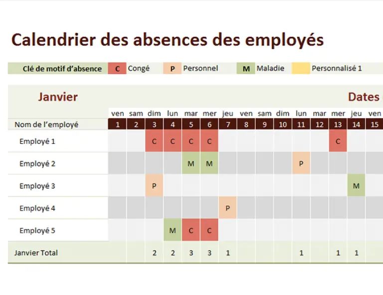 Tableau de suivi des absences du personnel Modèles EXCEL